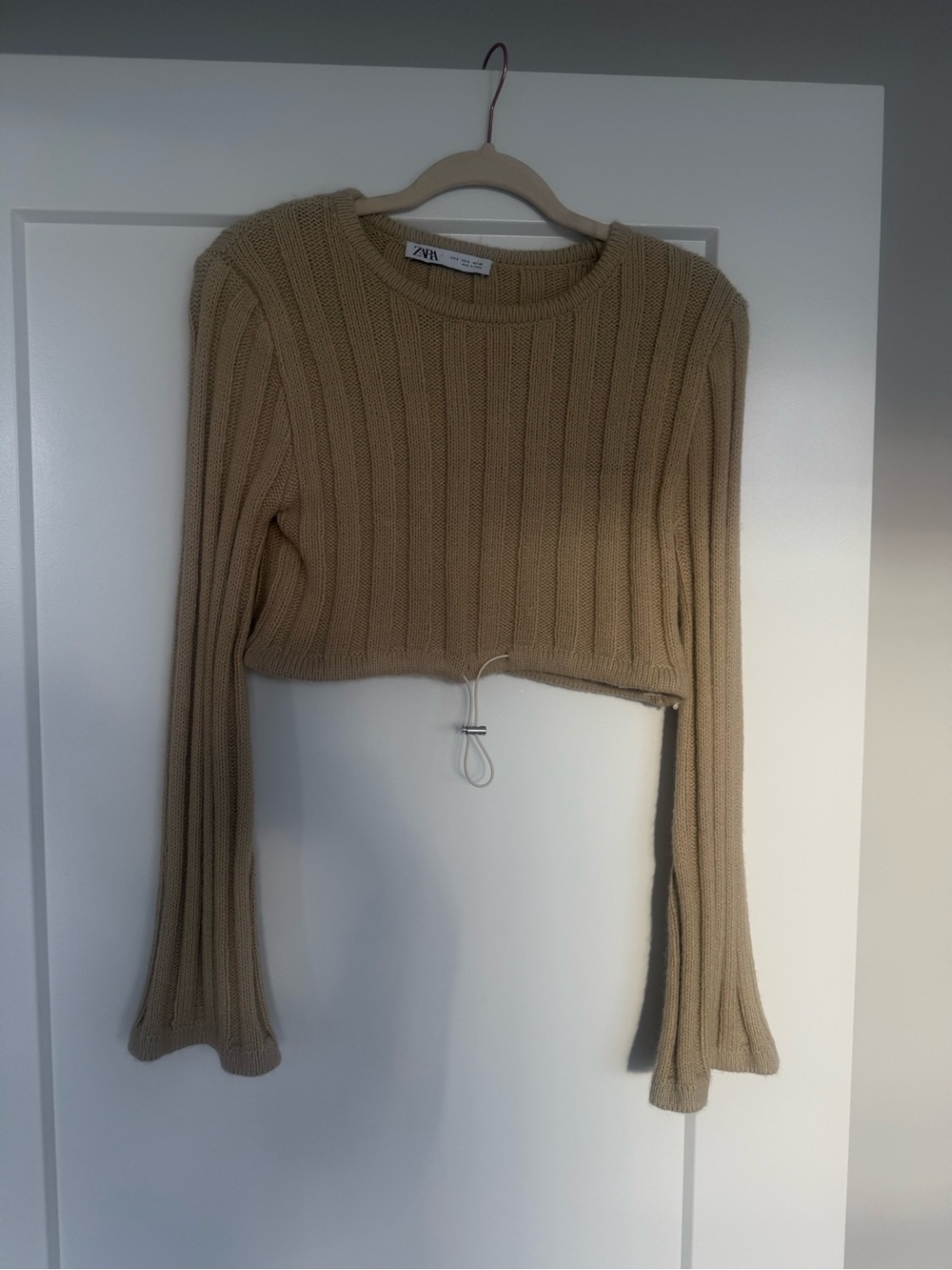 Zara Tan Cropped Rib Knit Sweater